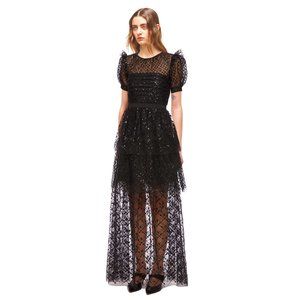 Black Grid Sequin Tiered Maxi Dress